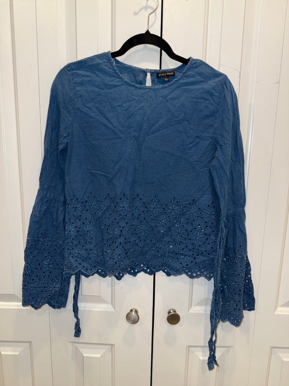 Style Envy Blue Eyelet Hem Long Sleeve Blouse